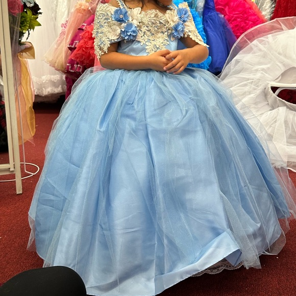 Elegant Blue Ball Gown with Floral Details